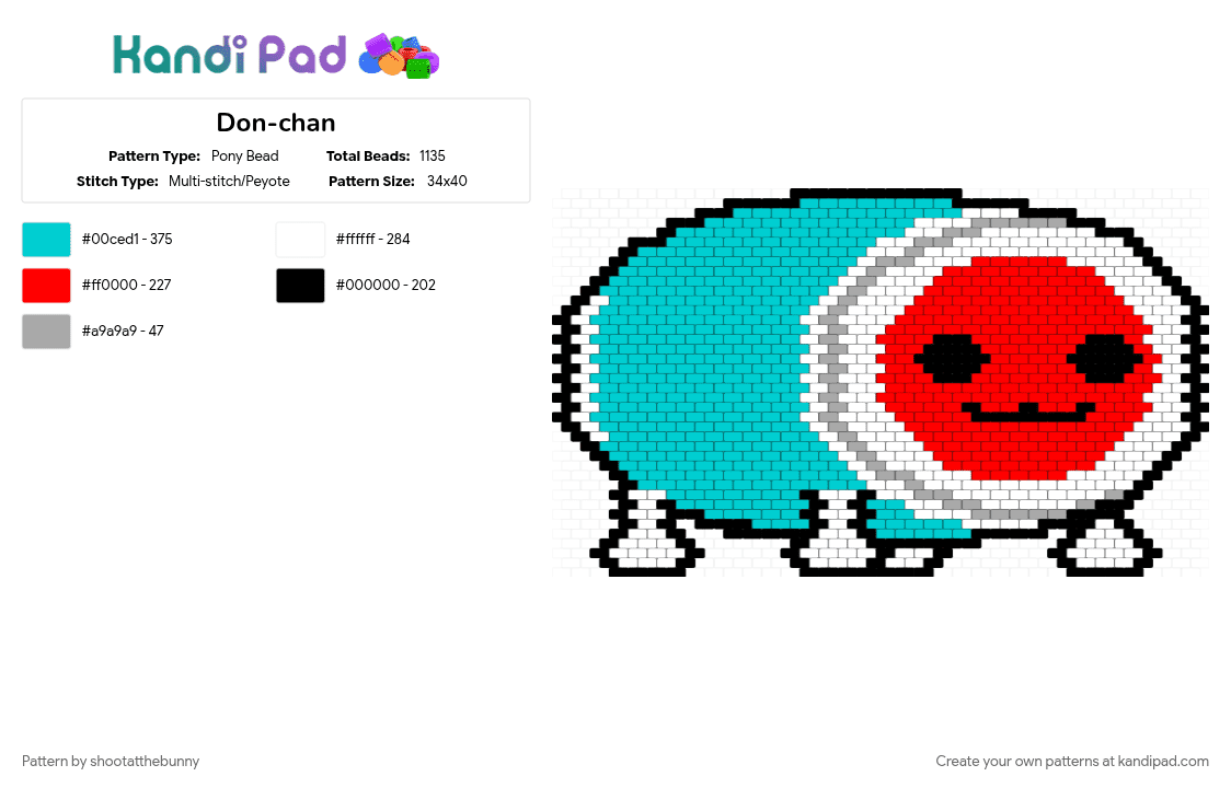 Don-chan - Pony Bead Pattern by shootatthebunny on Kandi Pad - don, donchan, donwada, light blue, red, taiko, taikonotatsujin