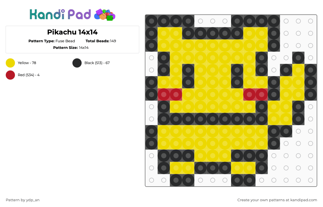 Pikachu 14x14 - Fuse Bead Pattern by ydp_an on Kandi Pad - yellow
