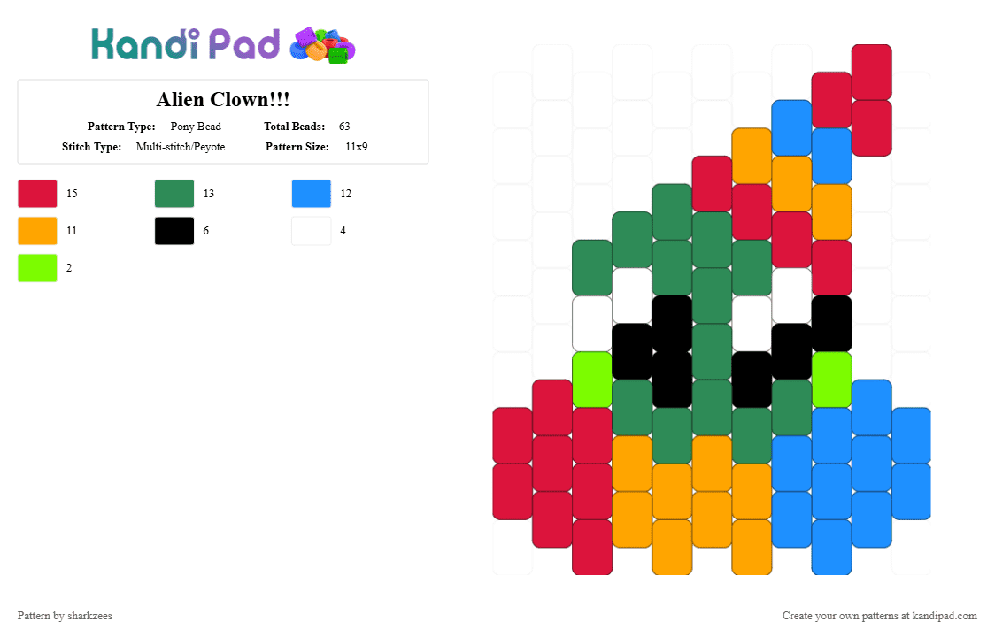 Alien Clown!!! - Pony Bead Pattern by sharkzees on Kandi Pad - red,green,alien,clown,yellow,blue