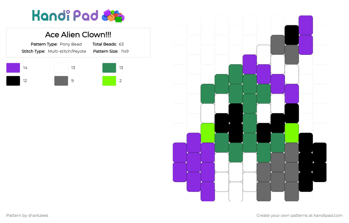Ace Alien Clown!!! - Pony Bead Pattern by sharkzees on Kandi Pad - purple,green,alien,clown,yellow,blue,pride,gay,ace