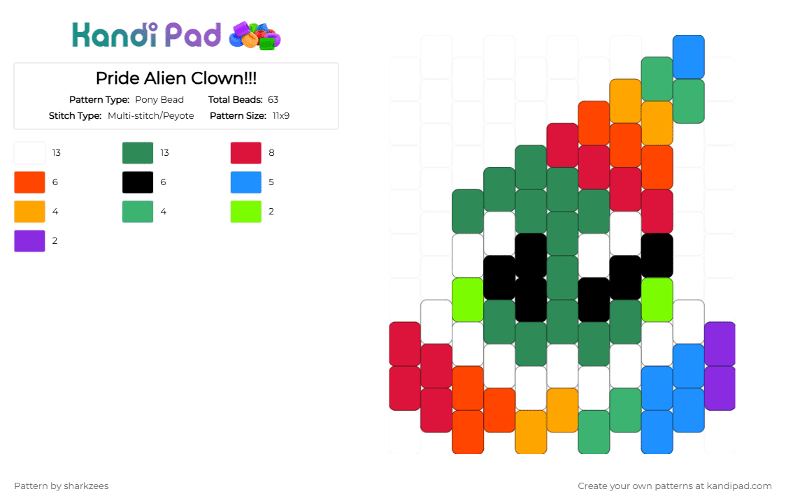 Pride Alien Clown!!! - Pony Bead Pattern by sharkzees on Kandi Pad - green,red,alien,clown,yellow,blue,pride,gay