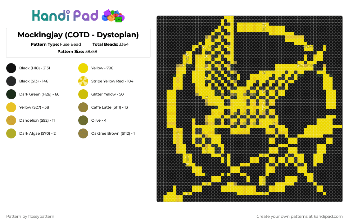 Mockingjay (COTD - Dystopian) Fuse Bead Pattern - Kandi Pad | Kandi ...
