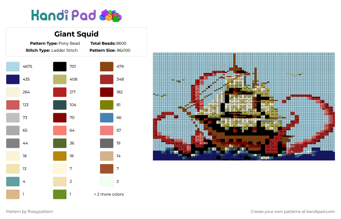 Giant Squid - Pony Bead Pattern by flossypattern on Kandi Pad - light blue,red,beige,squid,kraken,ship,boat,painting