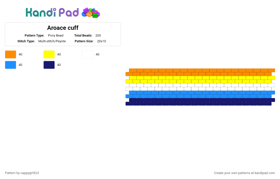 Aroace cuff - Pony Bead Pattern by cappygirl523 on Kandi Pad - orange,yellow,light blue,purple