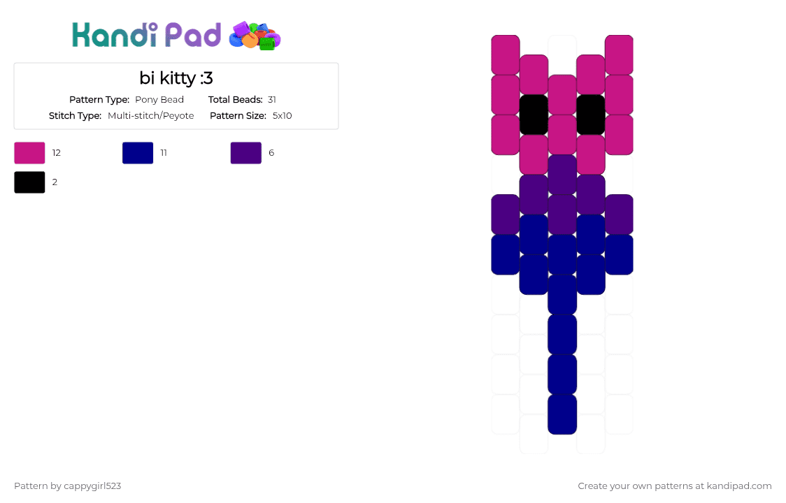 bi kitty :3 - Pony Bead Pattern by cappygirl523 on Kandi Pad - pink,purple