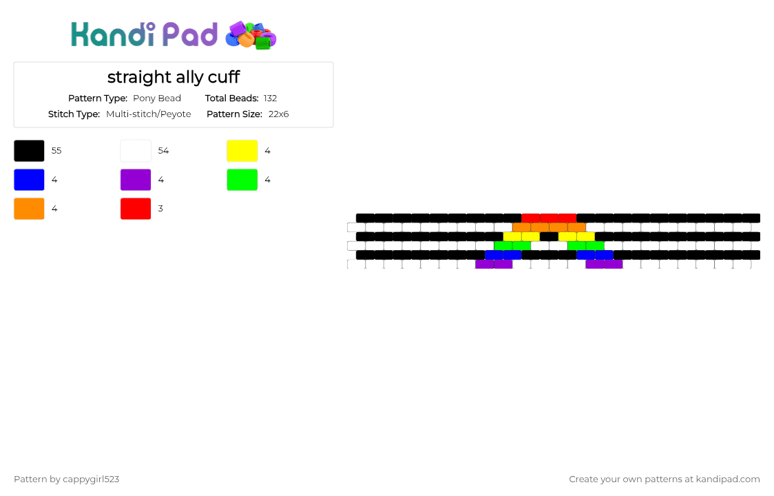 straight ally cuff - Pony Bead Pattern by cappygirl523 on Kandi Pad - white,purple,straight,black,ally,pride