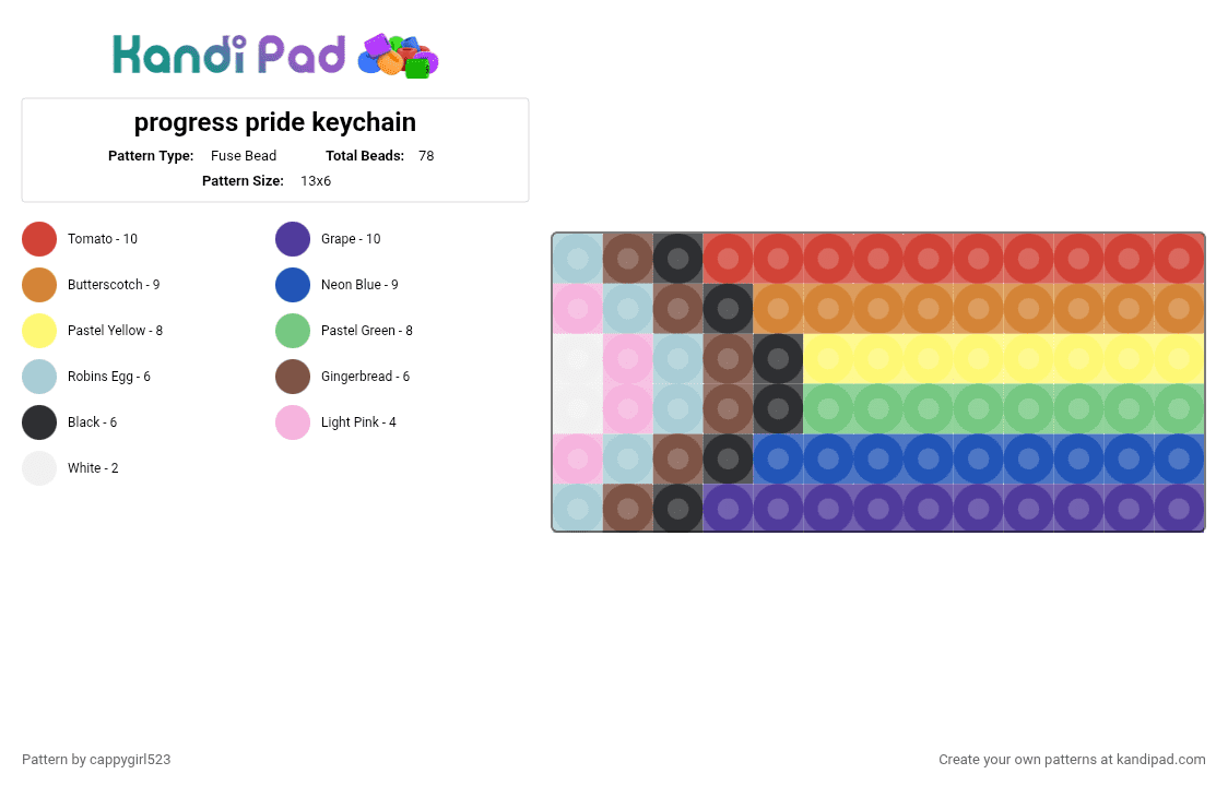 progress pride keychain - Fuse Bead Pattern by cappygirl523 on Kandi Pad - colorful, orange, purple, teal