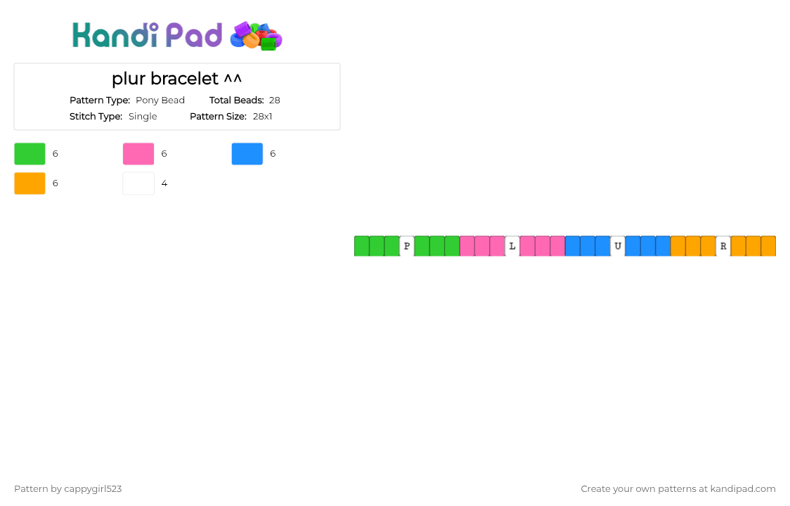 plur bracelet ^^ - Pony Bead Pattern by cappygirl523 on Kandi Pad - green, light blue, orange, pink
