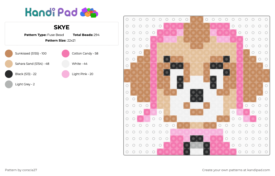 SKYE - Fuse Bead Pattern by corscia27 on Kandi Pad - skye,paw patrol,pink,tan