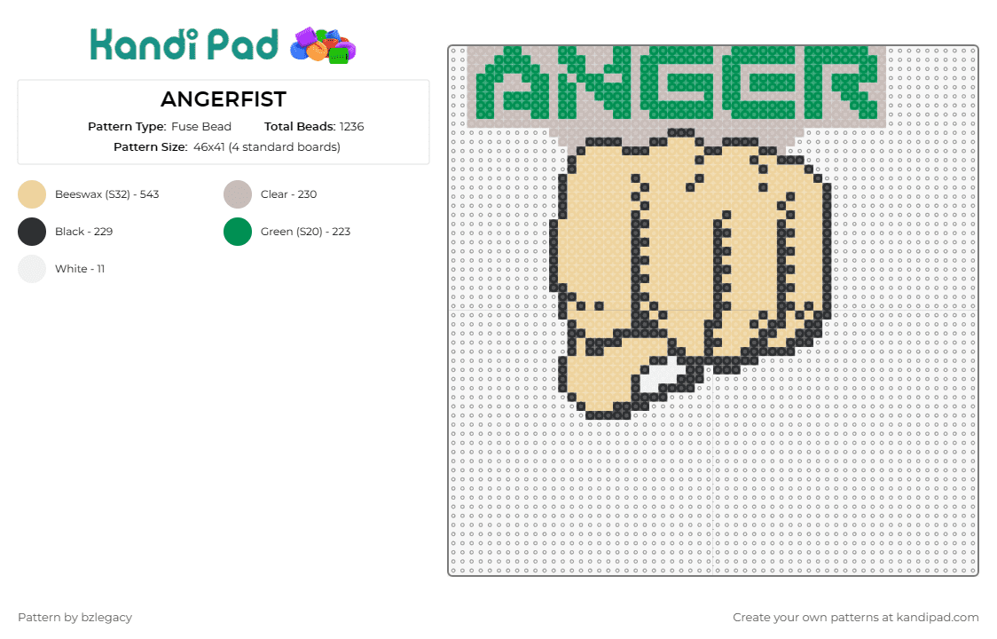 ANGERFIST - Fuse Bead Pattern by bzlegacy on Kandi Pad - angerfist,dj,hand,punch,music,symbol,electronic,hardstyle,clenched,beige,green
