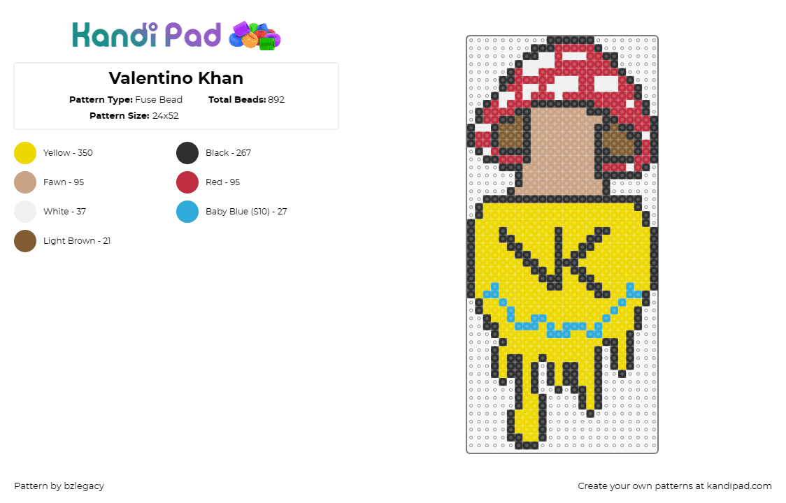 Valentino Khan - Fuse Bead Pattern by bzlegacy on Kandi Pad - valentino khan,dj,edm,music,mushroom,vibrant,spirit,playful,red,yellow