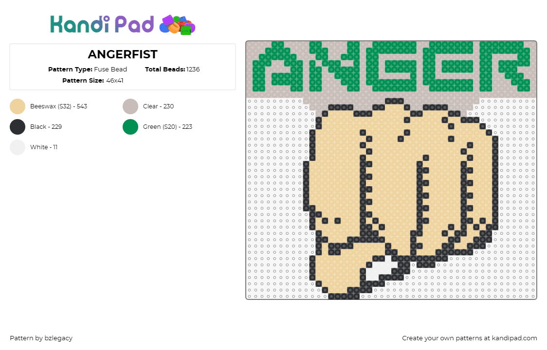 ANGERFIST - Fuse Bead Pattern by bzlegacy on Kandi Pad - angerfist,dj,hand,punch,music,symbol,electronic,hardstyle,clenched,beige,green