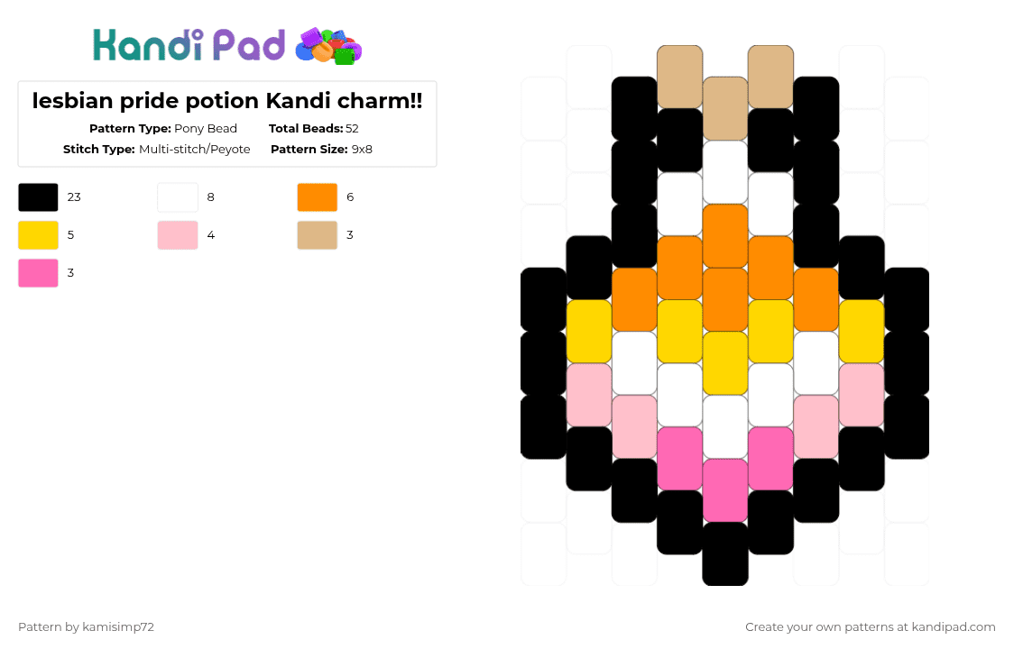 lesbian pride potion Kandi charm!! - Pony Bead Pattern by kamisimp72 on Kandi Pad - charm, gay, ily, kandi, lesbian, orange, pink, potion, pride, pride potion, yellow