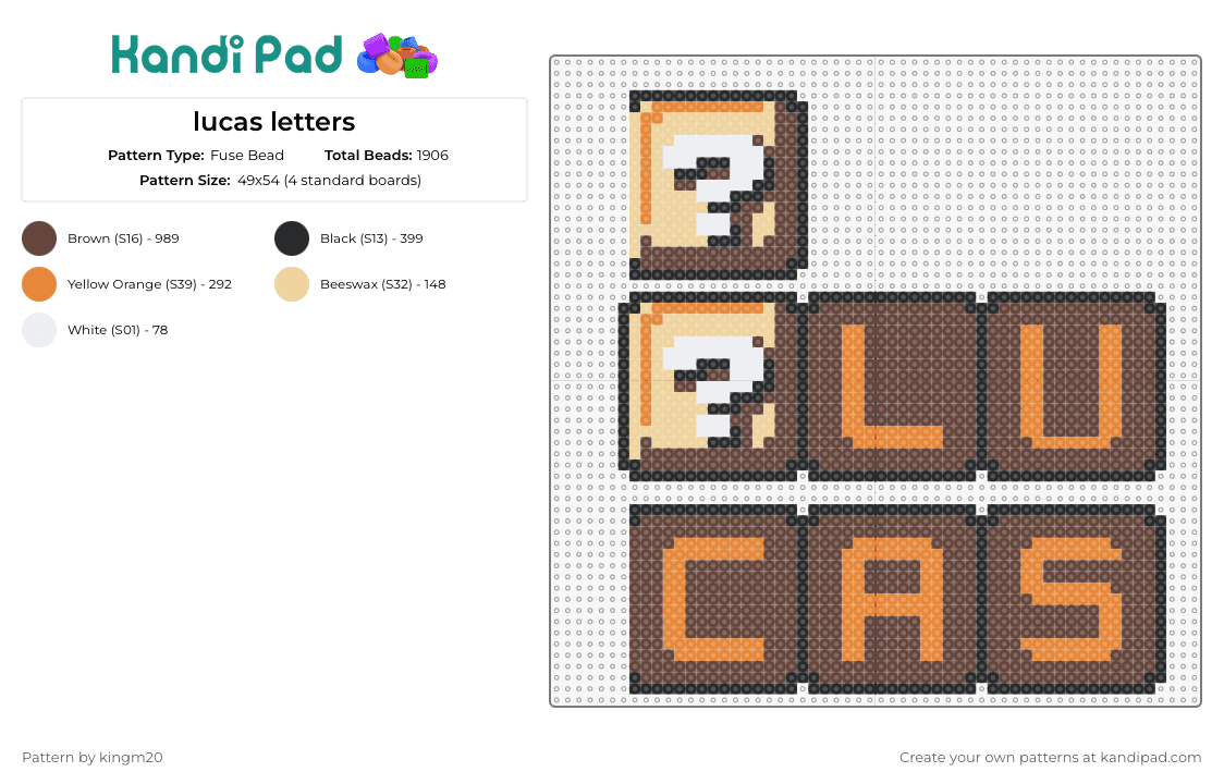 lucas letters - Fuse Bead Pattern by kingm20 on Kandi Pad - lucas,blocks,mario,text,question mark,name,personal,classic,video game,secrets,brown,beige