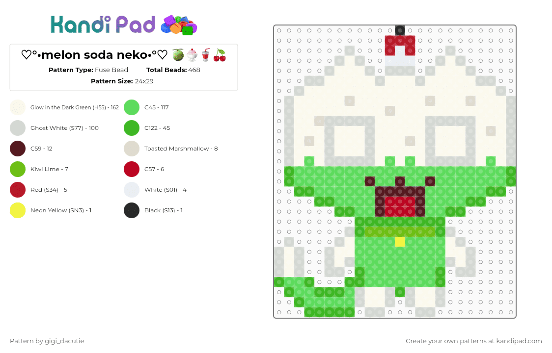 ♡°•melon soda neko•°♡ 🍈🍨🥤🍒 - Fuse Bead Pattern by gigi_dacutie on Kandi Pad - white,green,teal