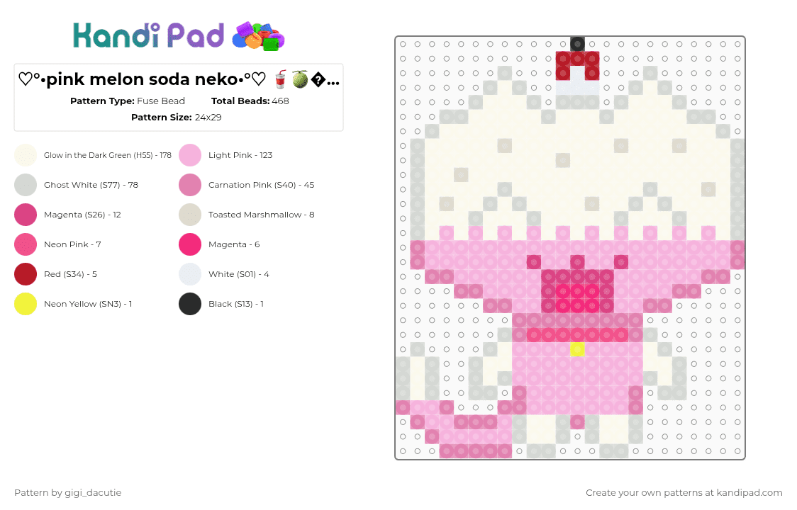 ♡°•pink melon soda neko•°♡ 🥤🍈🍒🍨🍓🎀 - Fuse Bead Pattern by gigi_dacutie on Kandi Pad - white,pink,kawaii,cute,oc