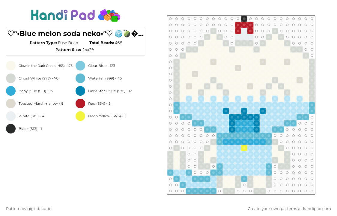 ♡°•Blue melon soda neko•°♡ 🧊🍈🍒🍨🥤🫐 - Fuse Bead Pattern by gigi_dacutie on Kandi Pad - white,light blue,cute,kawaii,oc