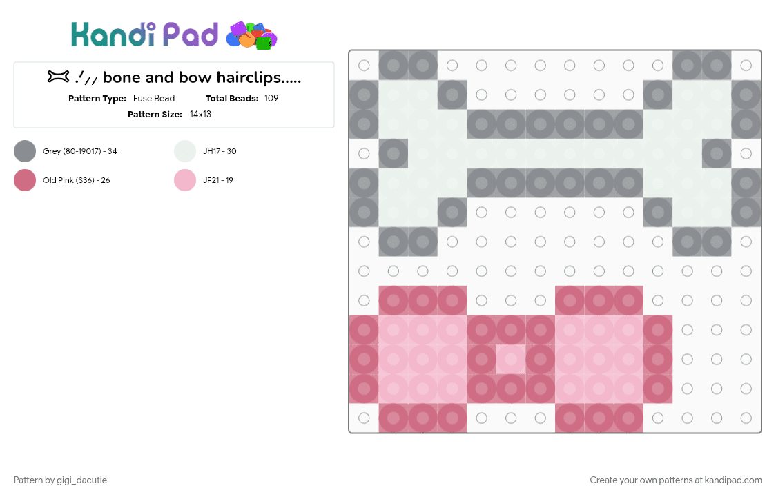 𐂯 .ᐟ⸝⸝ bone and bow hairclips...🦴🎀 ֺּׅ𓏽⑅ 𖾕𖾝꙼ᩚ𛲕𖾟 - Fuse Bead Pattern by gigi_dacutie on Kandi Pad - bone, bow, cute, gray, hairclip, kawaii, pink