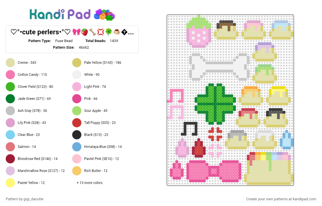 ♡°•cute perlers•°♡ 🎀🍓🦴💢🍀🍮🎵 1# - Fuse Bead Pattern by gigi_dacutie on Kandi Pad - green,pink,yellow,kawaii,cute,pudding,bone,clover,bow,musical note,perler