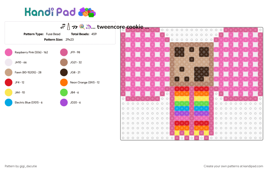 ᯠྀི 𓇮 ᯄ 🍭🦄… tweencore cookie bow…!! 🍪🎀 𖾕𖾝꙼ᩚ𛲕𖾟 - Fuse Bead Pattern by gigi_dacutie on Kandi Pad - bow, colorful, cookie, cute, food, jojifuku, pink, rainbow, tweencore