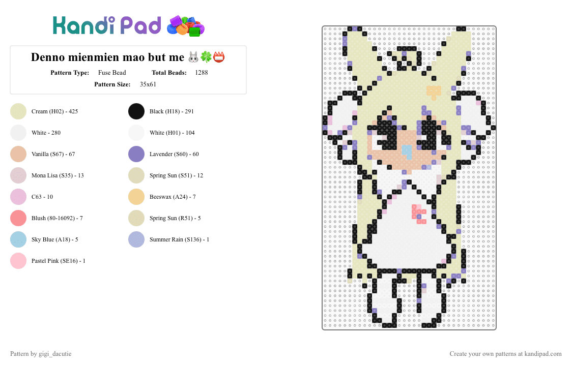 Denno mienmien mao but me 🐰🍀📛 - Fuse Bead Pattern by gigi_dacutie on Kandi Pad - beige,kawaii,cute,denno mienmien mao,momone chinoi,oc,original character