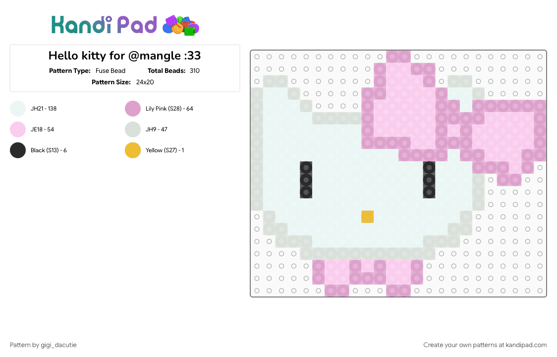 Hello kitty for @mangle :33 - Fuse Bead Pattern by gigi_dacutie on Kandi Pad - animal, character, cute, hello kitty, kawaii, pink, sanrio, white