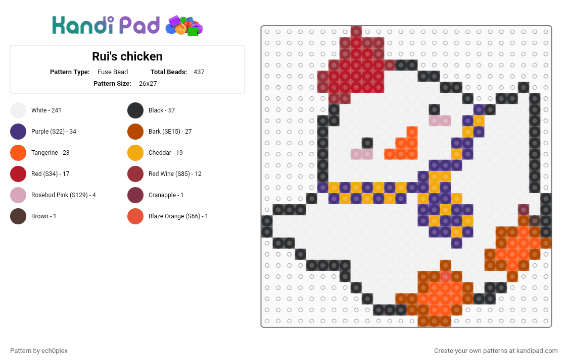Rui\'s chicken - Fuse Bead Pattern by ech0plex on Kandi Pad - white,red,purple,orange