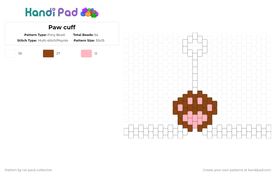 Paw cuff - Pony Bead Pattern by rat-pack-collective on Kandi Pad - white,red,pink,paw,cat,dog,bones,charm,glove