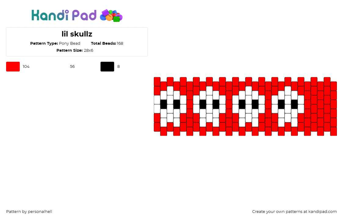 lil skullz - Pony Bead Pattern by personalhell on Kandi Pad - skulls,skeletons,simple,cuff,spooky,halloween,white,red