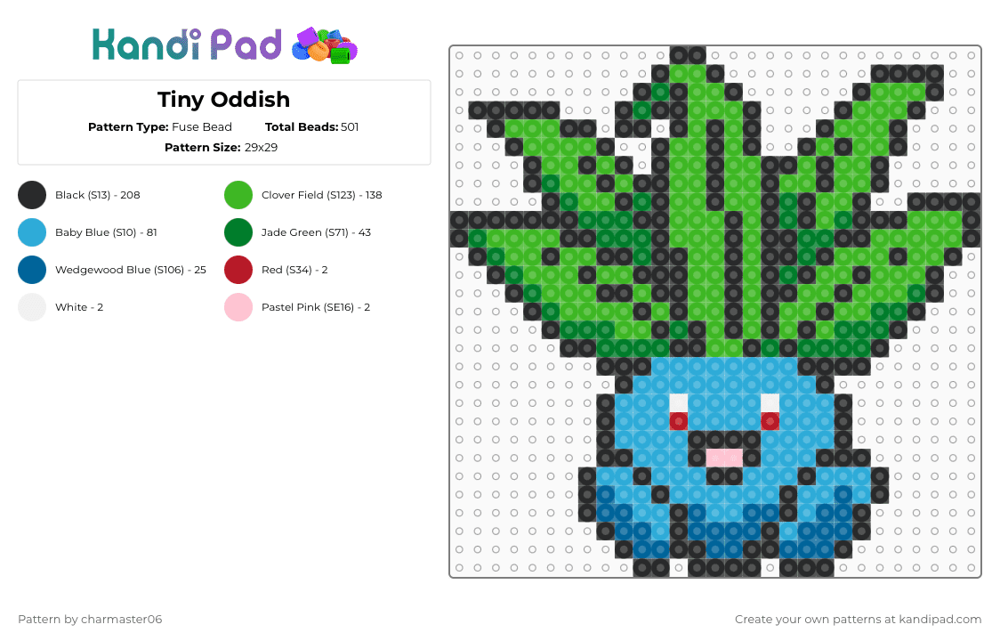 Tiny Oddish - Fuse Bead Pattern by charmaster06 on Kandi Pad - light blue,green