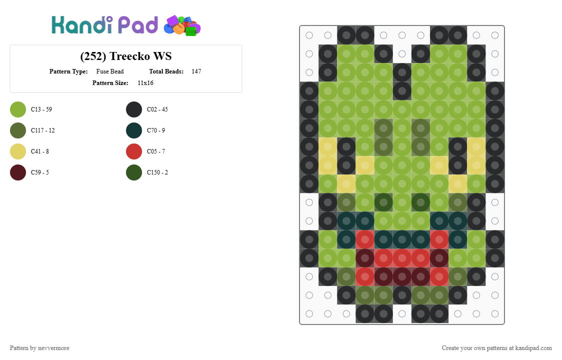 (252) Treecko WS - Fuse Bead Pattern by nevvermore on Kandi Pad - green,treecko,pokemon,grass pokemon,starter pokemon,gen 3,hoenn