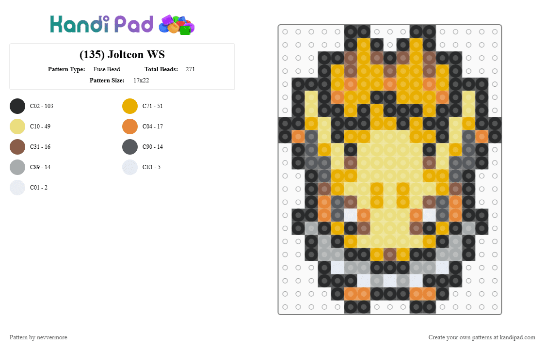 (135) Jolteon WS - Fuse Bead Pattern by nevvermore on Kandi Pad - eeveelution, electric pokemon, gen 1, jolteon, orange, pokemon, yellow