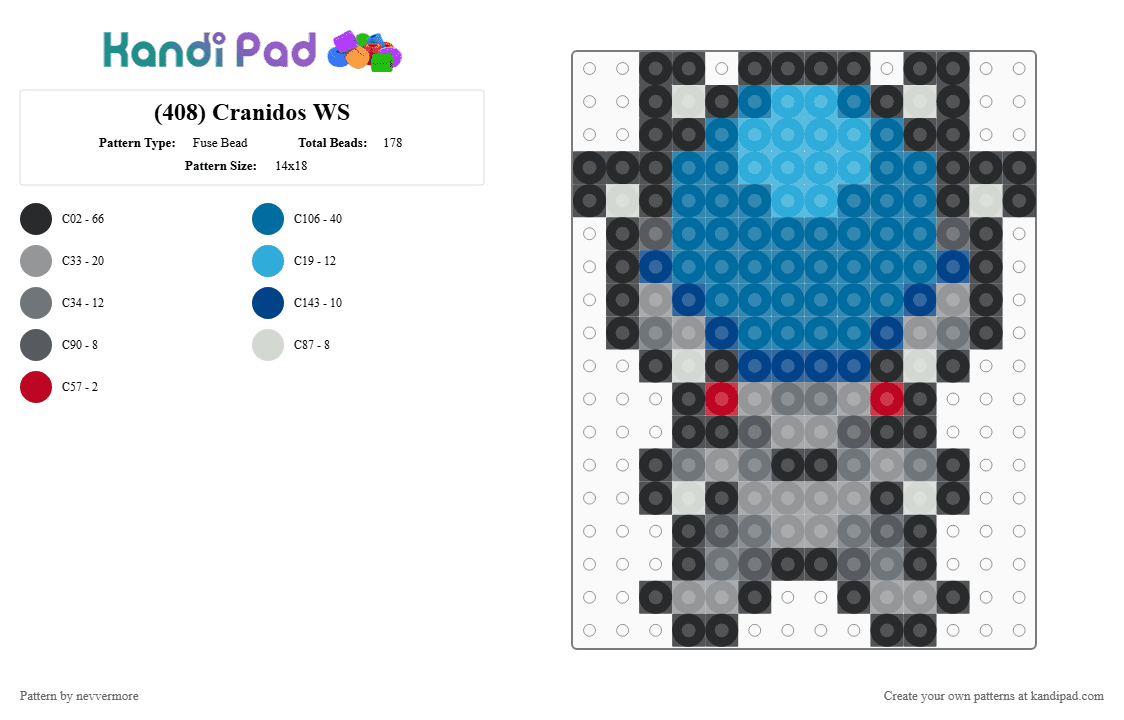 (408) Cranidos WS - Fuse Bead Pattern by nevvermore on Kandi Pad - blue,gray,cranidos,rock pokemon,pokemon,fossil,fossil pokemon,gen 4,sinnoh
