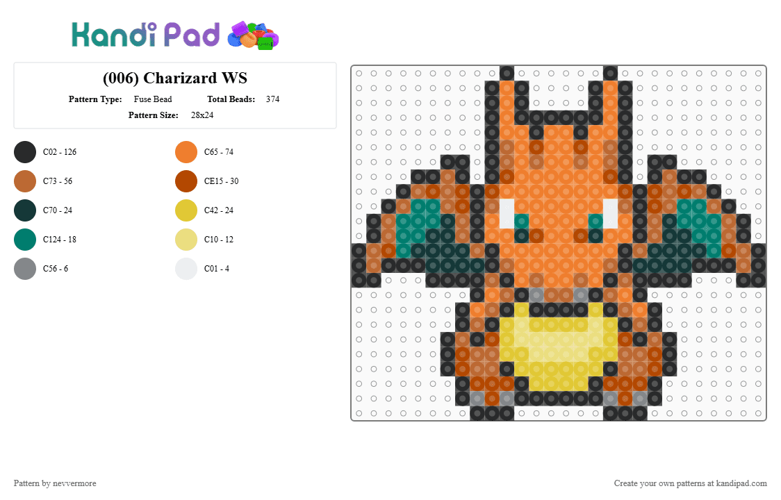 (006) Charizard WS - Fuse Bead Pattern by nevvermore on Kandi Pad - orange,tan,yellow,charizard,pokemon,fire pokemon,flying pokemon,starter pokemon,gen 1,kanto