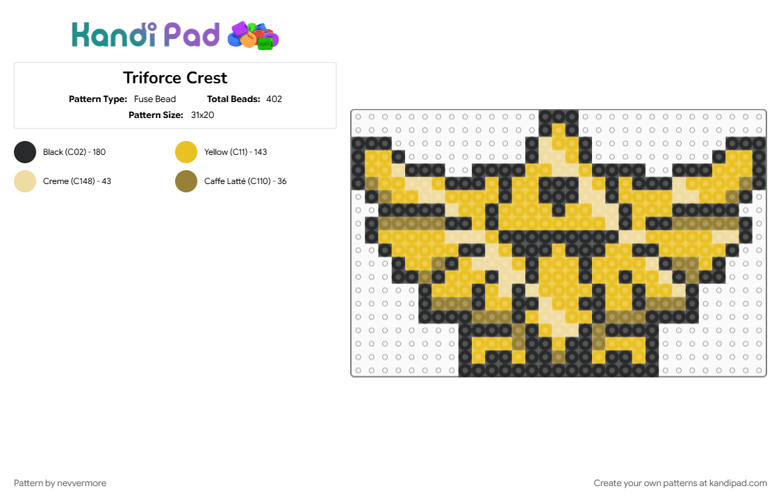 Triforce Crest - Fuse Bead Pattern by nevvermore on Kandi Pad - legend of zelda, triforce, triforce crest, yellow, zelda