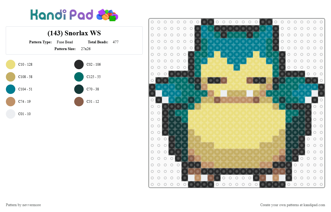 (143) Snorlax WS - Fuse Bead Pattern by nevvermore on Kandi Pad - gen 1, kanto, normal pokemon, pokemon, snorlax, teal, yellow