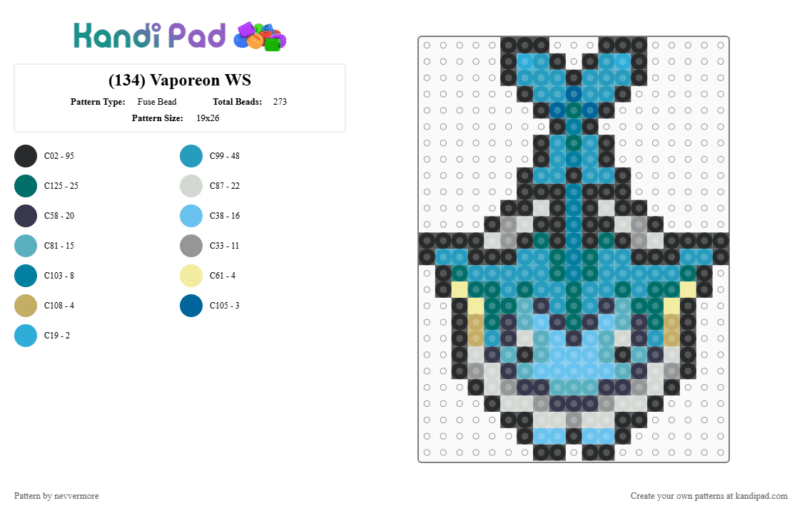 (134) Vaporeon WS - Fuse Bead Pattern by nevvermore on Kandi Pad - light blue,teal,purple,pokemon,water pokemon,eeveelution,kanto,gen 1
