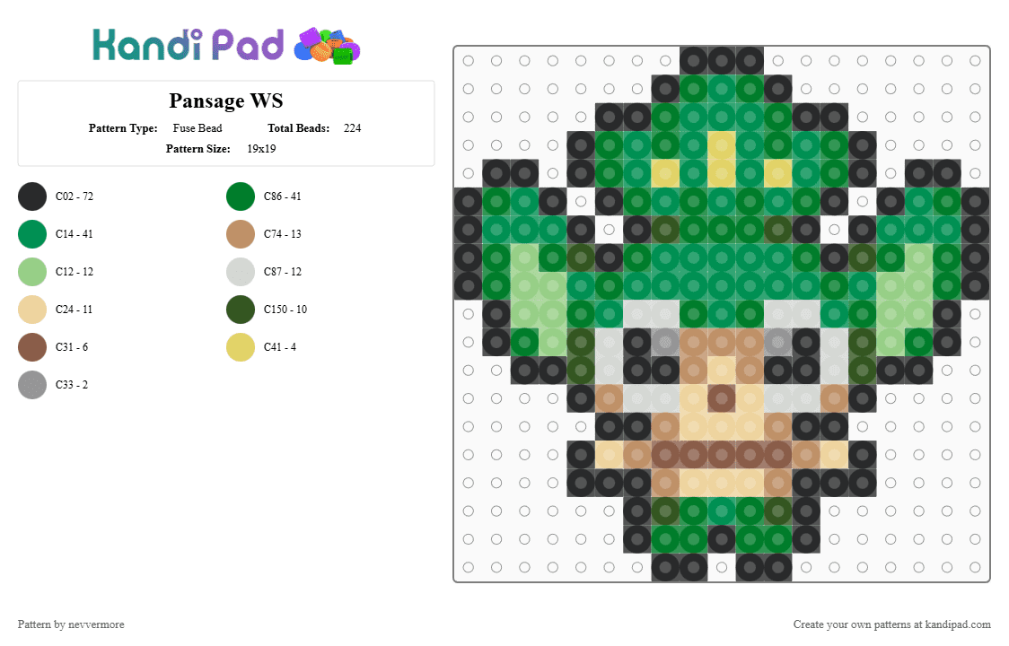(511) Pansage WS - Fuse Bead Pattern by nevvermore on Kandi Pad - green,tan,pansage,grass,monkey,gen 5