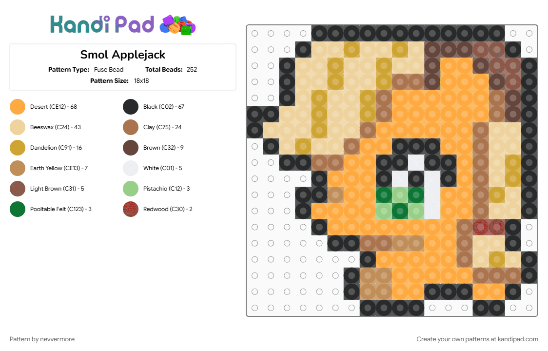 Smol Applejack - Fuse Bead Pattern by nevvermore on Kandi Pad - applejack, beige, mlp, my little pony, orange, tan