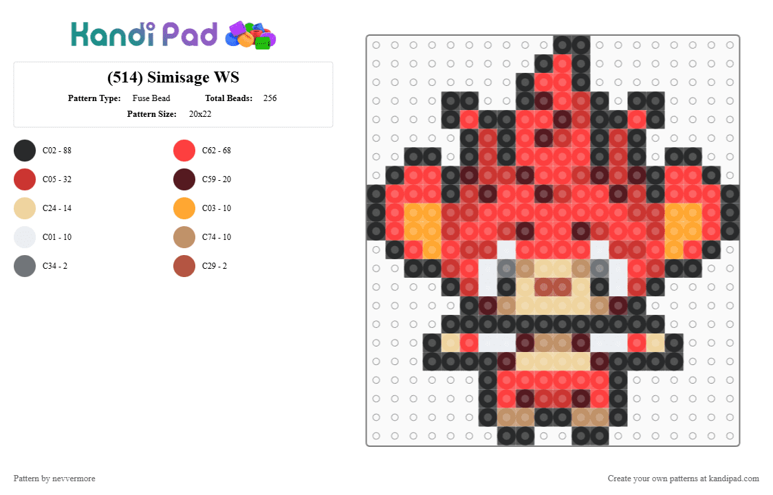 (514) Simisage WS - Fuse Bead Pattern by nevvermore on Kandi Pad - red,simisage,pokemon,grass pokemon,monkey,gen 5,unova