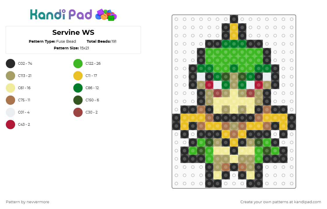 (496) Servine WS - Fuse Bead Pattern by nevvermore on Kandi Pad - yellow,green,gold,servine,pokemon,grass pokemon,starter pokemon,gen 5,unova