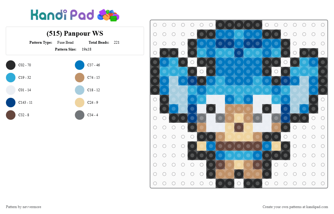 (515) Panpour WS - Fuse Bead Pattern by nevvermore on Kandi Pad - light blue,blue,panpour,water pokemon,pokemon,gen 5,unova,monkey