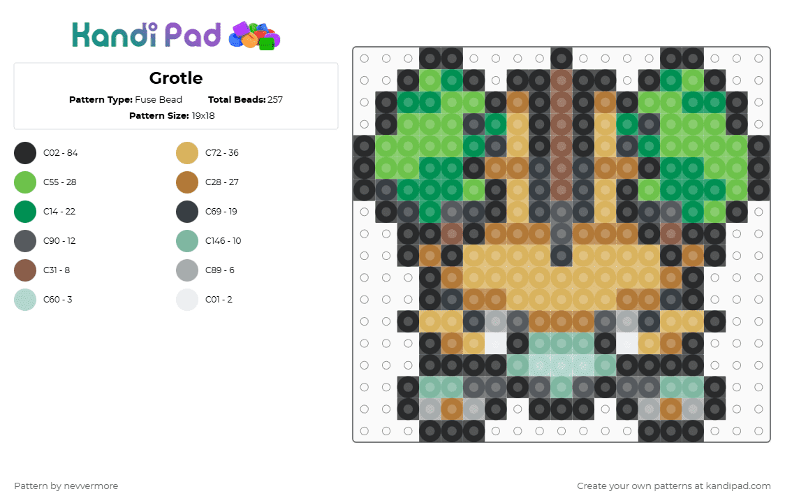(406) Grotle WS - Fuse Bead Pattern by nevvermore on Kandi Pad - tan,orange,green,grotle,starter pokemon,grass,pokemon,gen 4,sinnoh