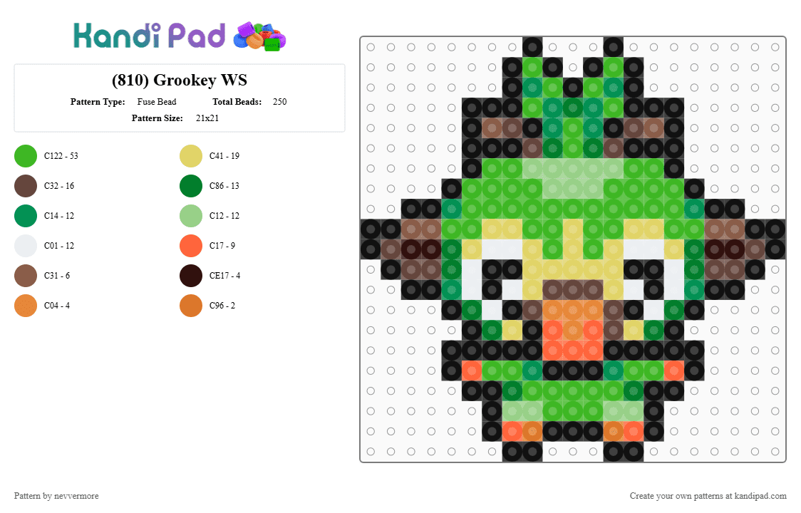 (810) Grookey WS - Fuse Bead Pattern by nevvermore on Kandi Pad - green,grookey,pokemon,grass pokemon,starter pokemon,gen 8,galar