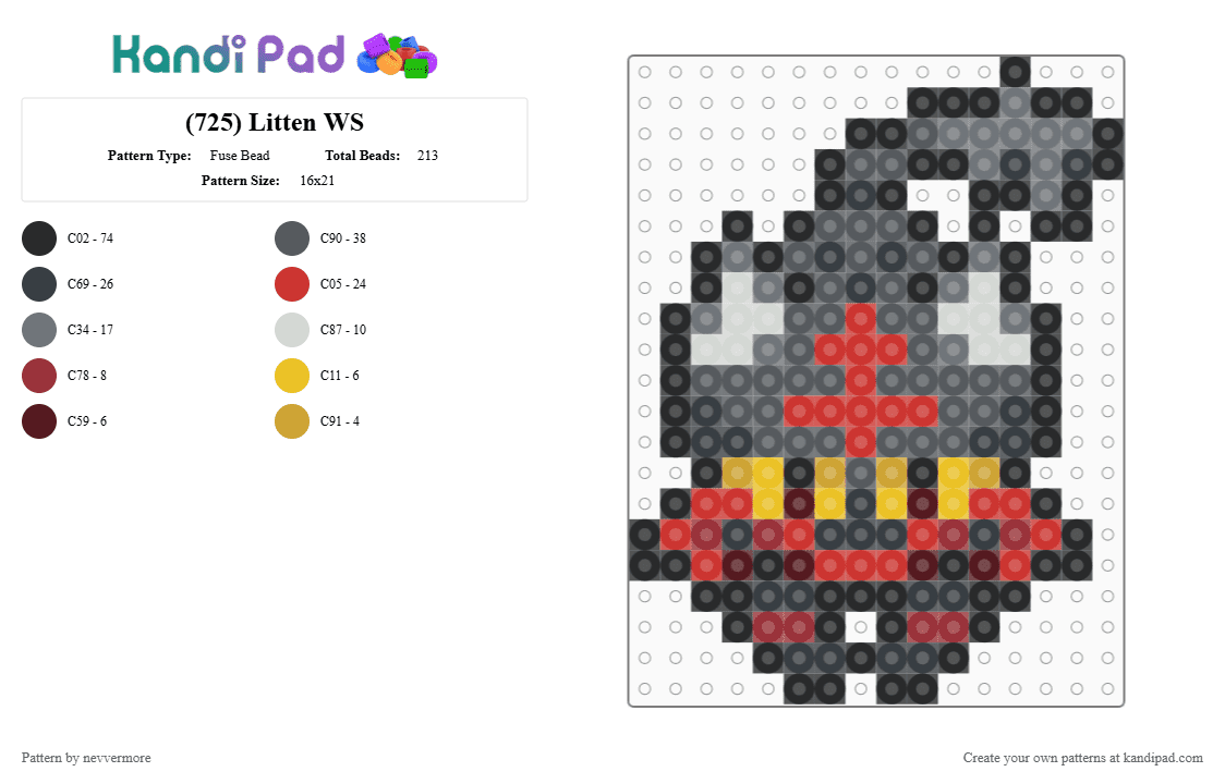 (725) Litten WS - Fuse Bead Pattern by nevvermore on Kandi Pad - black,gray,red,alolan,littlen,starter pokemon,fire pokemon,gen 7