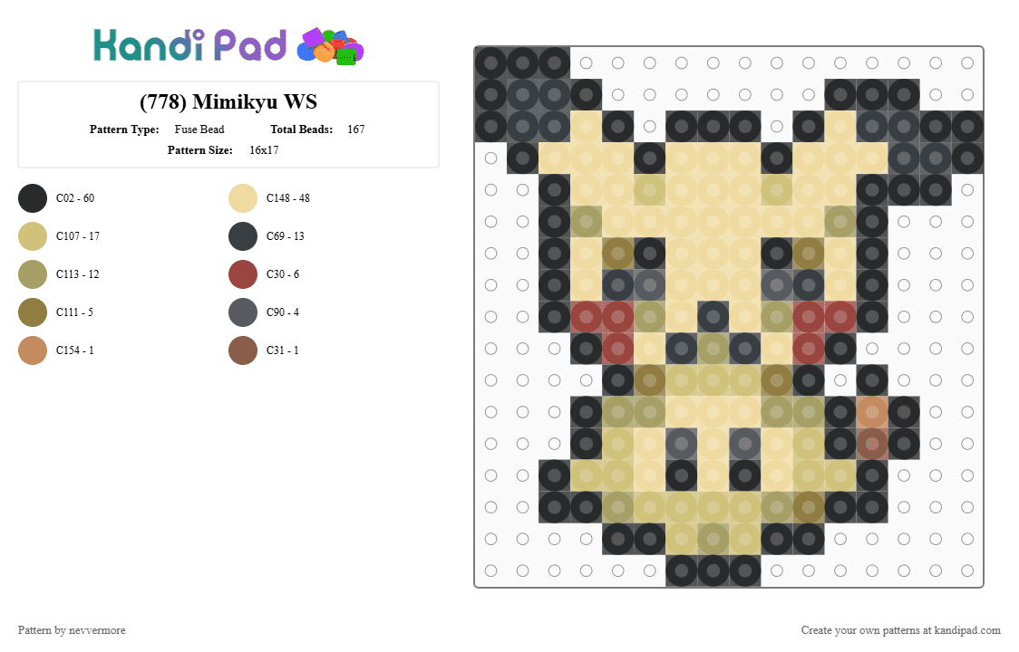 (778) Mimikyu WS - Fuse Bead Pattern by nevvermore on Kandi Pad - beige,mimikyu,pokemon,ghost,fairy,alola,gen 7