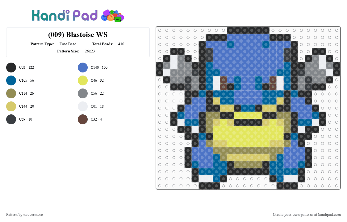 (009) Blastoise WS - Fuse Bead Pattern by nevvermore on Kandi Pad - blue,yellow,blastoise,pokemon,water pokemon,starter pokemon,kanto,gen 1