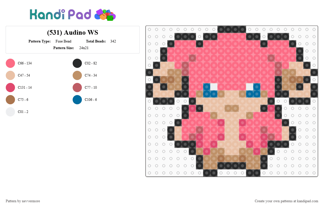 (531) Audino WS - Fuse Bead Pattern by nevvermore on Kandi Pad - red,pokemon,normal pokemon,gen 5,audino,unova