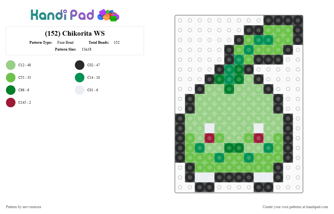 (152) Chikorita WS - Fuse Bead Pattern by nevvermore on Kandi Pad - green,teal,pokemon,chikorita,grass pokemon,starter pokemon,gen 2,johto
