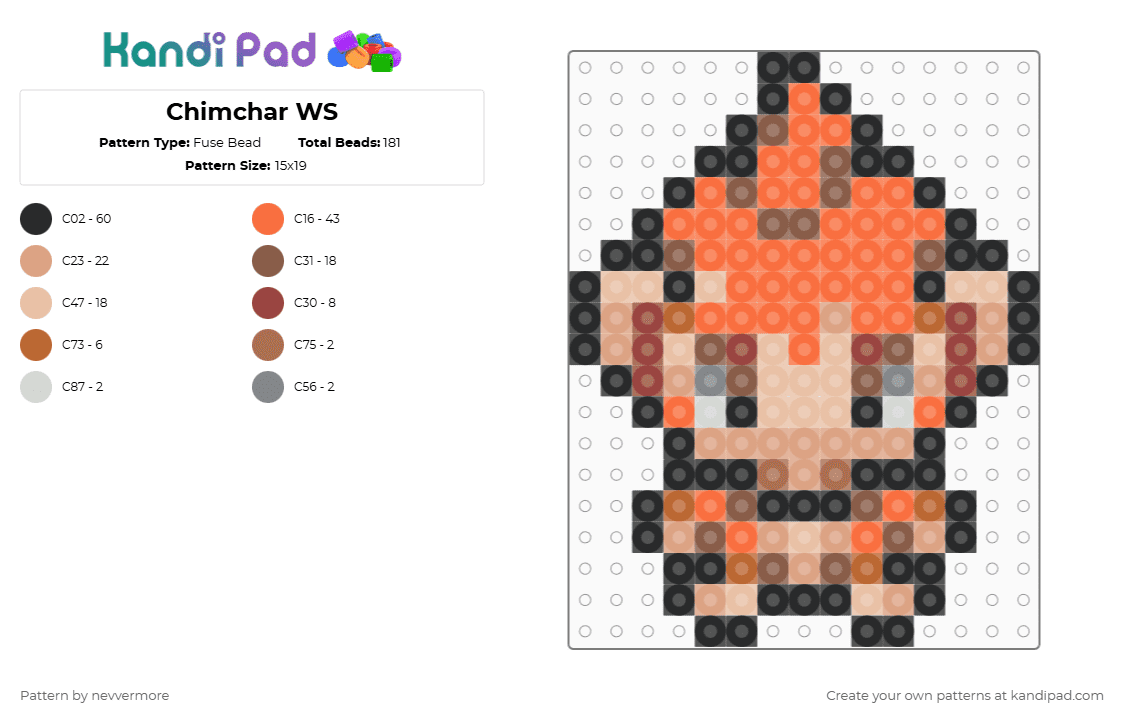 (390) Chimchar WS - Fuse Bead Pattern by nevvermore on Kandi Pad - orange,tan,beige,chimchar,fire pokemon,pokemon,starter pokemon,gen 4,sinnoh